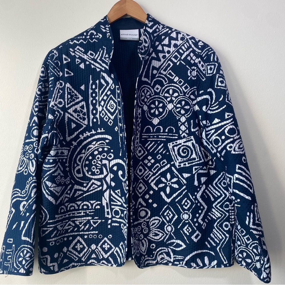 Alfred Dunner Navy and White Quilted Boho Tribal Print Open Front Jacket